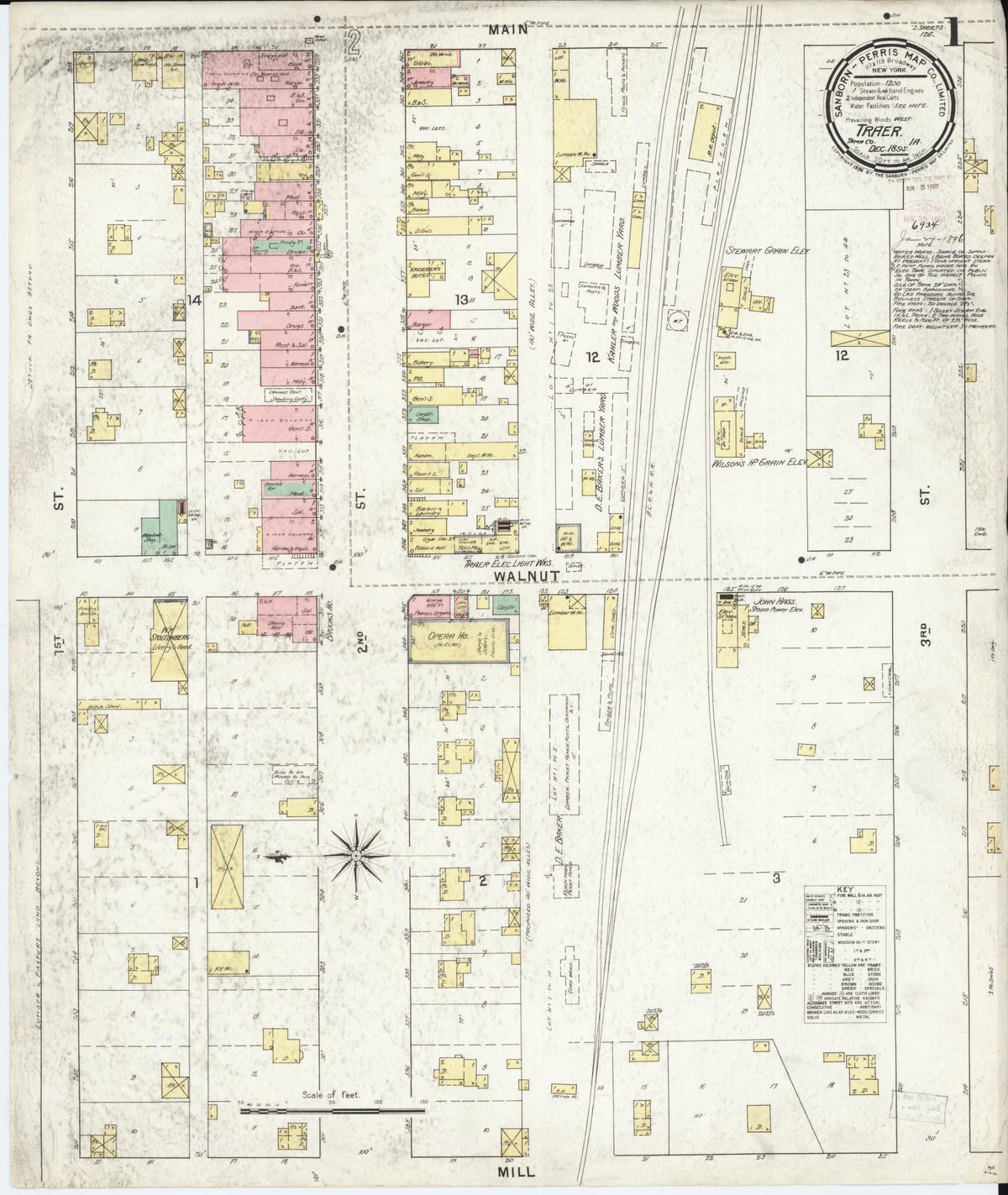 Sanborn Fire Insurance Map from Traer, Tama County, Iowa (1895), Sheet #0001 - Historic Sanborn Fire Insurance Map Print, vintage old map wall art