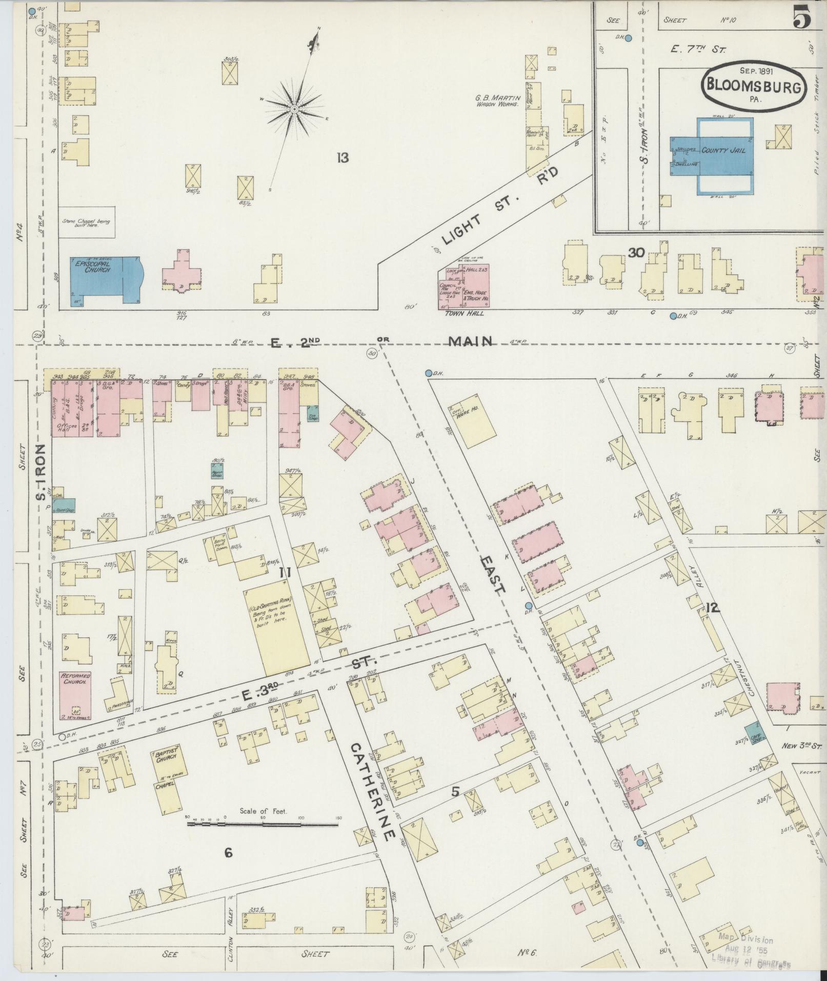 Sanborn Fire Insurance Map from Bloomsburg, Columbia County, Pennsylvania (1891), Sheet #0005 - Historic Sanborn Fire Insurance Map Print, vintage old map wall art, antique decor, genealogy gift, Pennsylvania Pennsylvania map