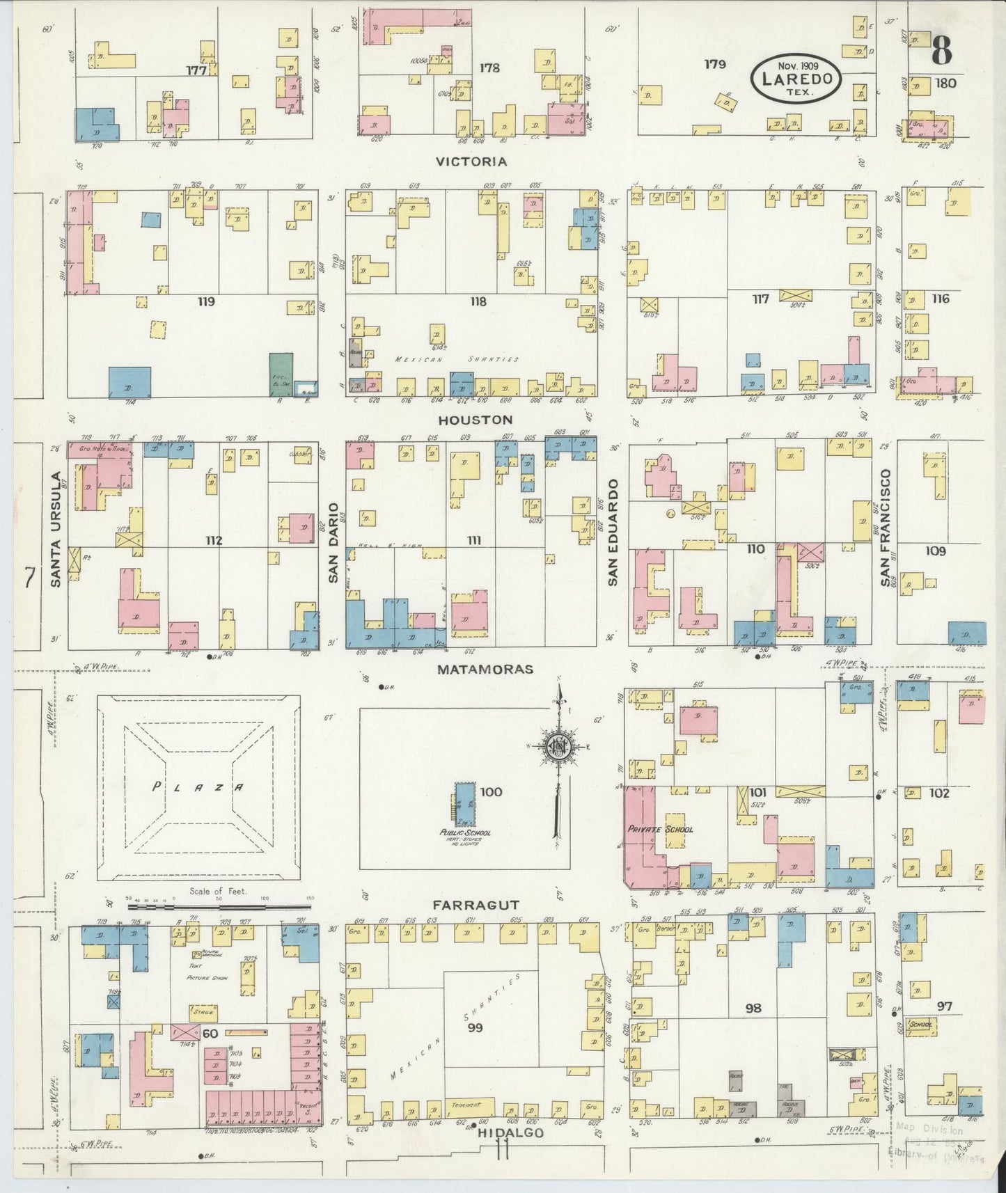 Sanborn Fire Insurance Map from Laredo, Webb County, Texas (1909), Sheet #0008 - Historic Sanborn Fire Insurance Map Print, vintage old map wall art, antique decor, genealogy gift, Texas Texas map