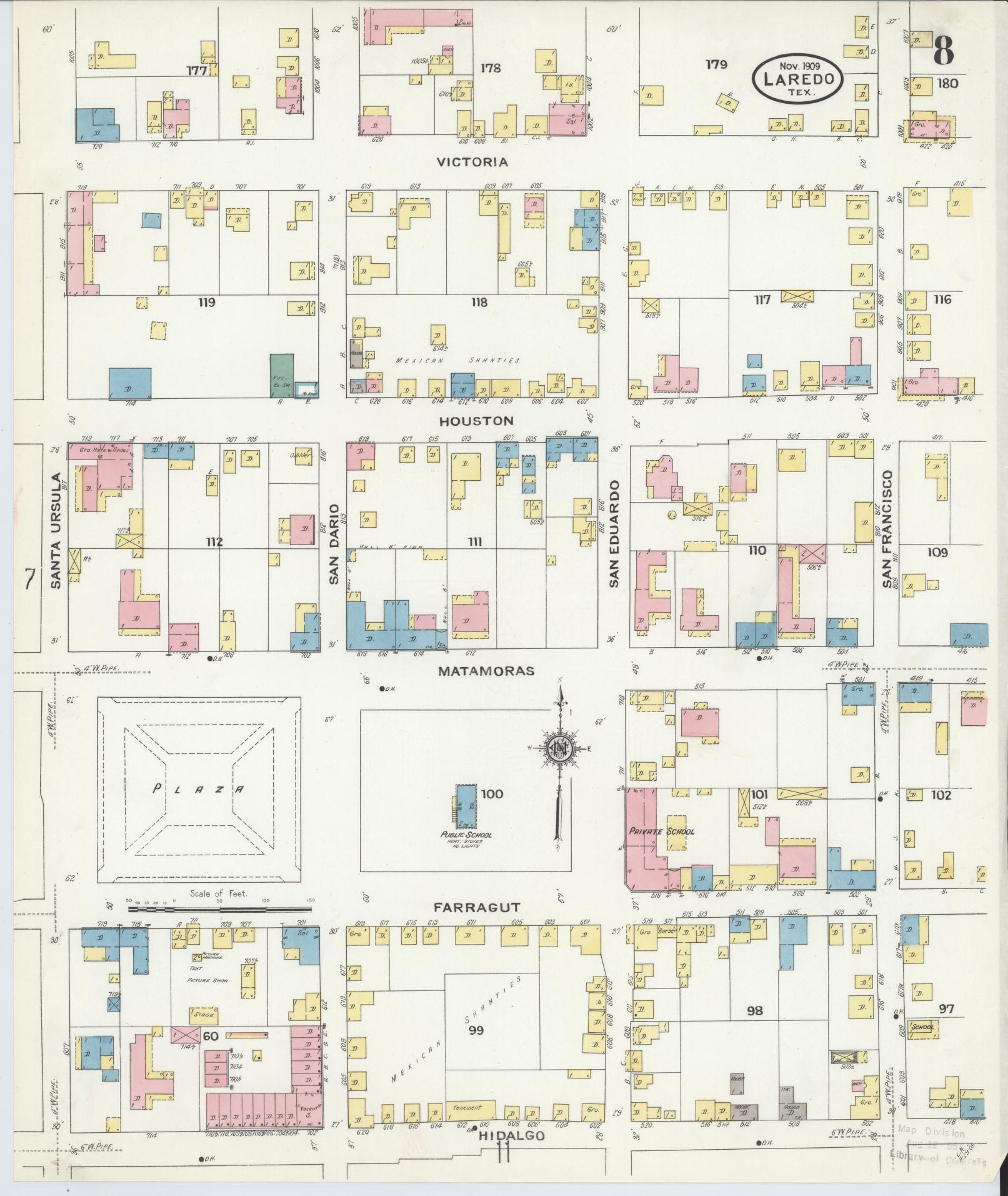 Sanborn Fire Insurance Map from Laredo, Webb County, Texas (1909), Sheet #0008 - Historic Sanborn Fire Insurance Map Print, vintage old map wall art, antique decor, genealogy gift, Texas Texas map