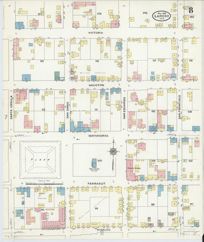 Sanborn Fire Insurance Map from Laredo, Webb County, Texas (1909), Sheet #0008 - Historic Sanborn Fire Insurance Map Print, vintage old map wall art, antique decor, genealogy gift, Texas Texas map