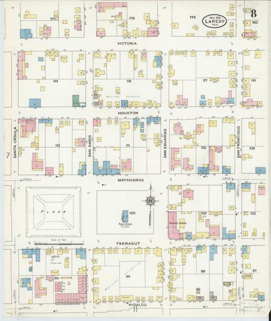 Sanborn Fire Insurance Map from Laredo, Webb County, Texas (1909), Sheet #0008 - Historic Sanborn Fire Insurance Map Print, vintage old map wall art, antique decor, genealogy gift, Texas Texas map
