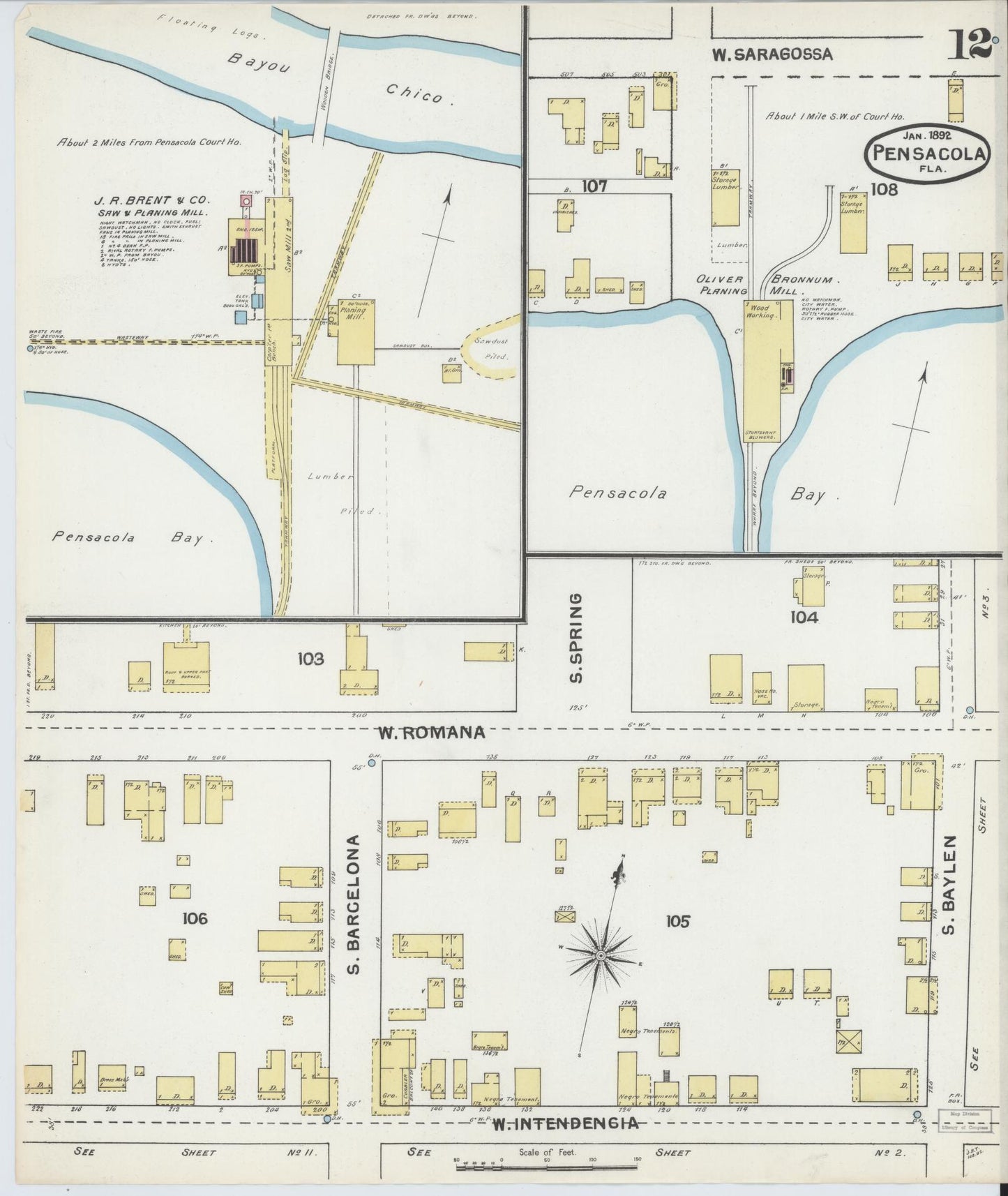 Sanborn Fire Insurance Map from Pensacola, Escambia County, Florida (1892), Sheet #0012 - Complete Map Set gallery image, historic Sanborn map, vintage wall art, Florida Florida
