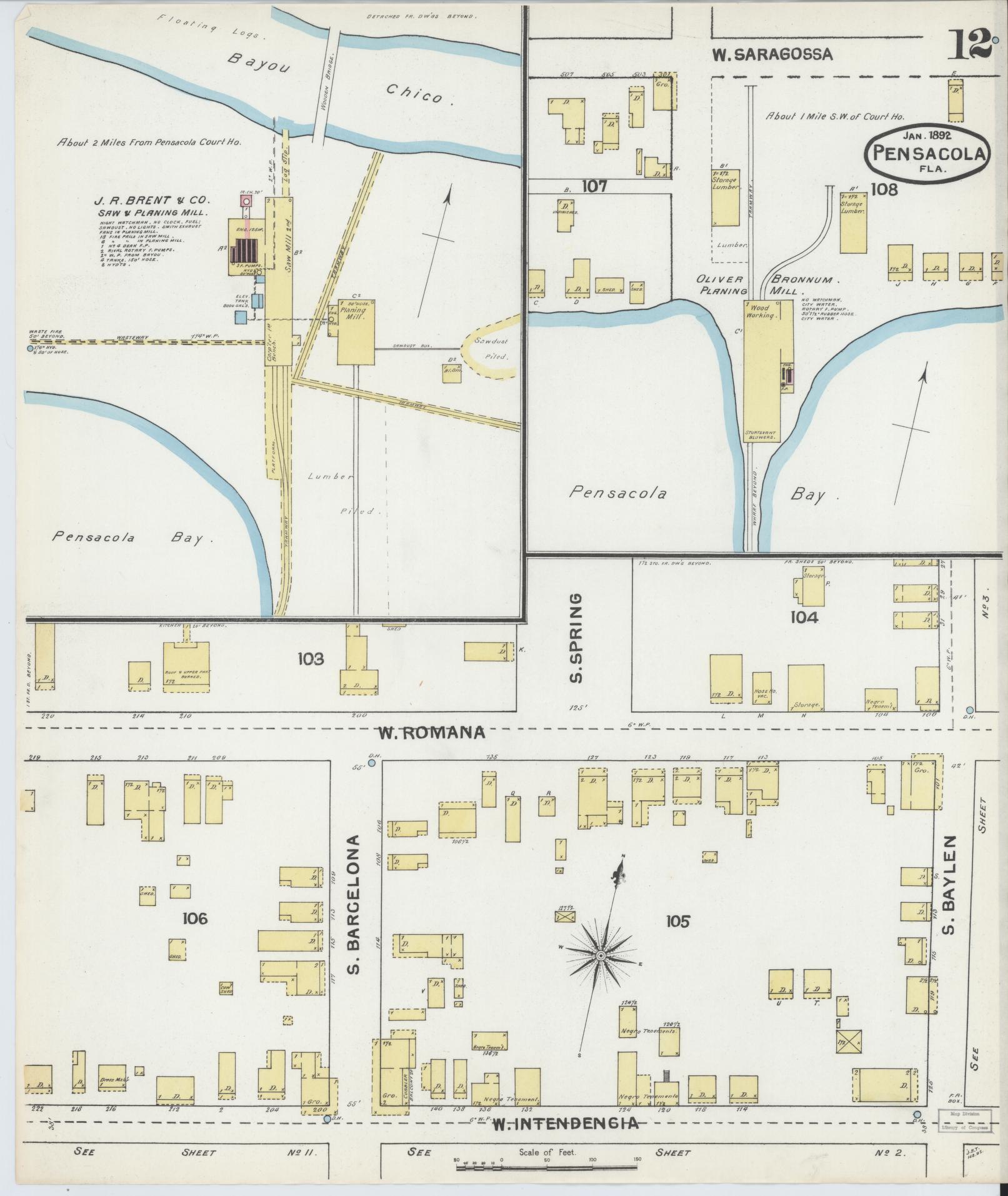 Sanborn Fire Insurance Map from Pensacola, Escambia County, Florida (1892), Sheet #0012 - Complete Map Set gallery image, historic Sanborn map, vintage wall art, Florida Florida