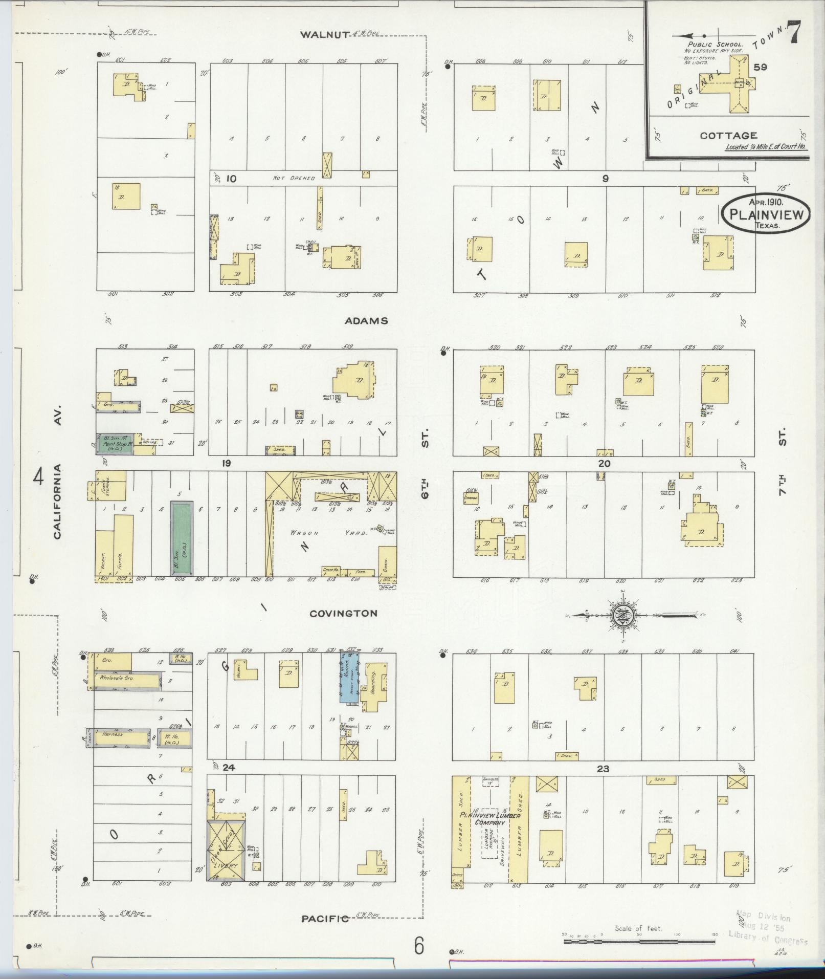 Sanborn Fire Insurance Map from Plainview, Hale County, Texas (1910), Sheet #0007 - Historic Sanborn Fire Insurance Map Print, vintage old map wall art, antique decor, genealogy gift, Texas Texas map