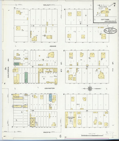 Sanborn Fire Insurance Map from Plainview, Hale County, Texas (1910), Sheet #0007 - Historic Sanborn Fire Insurance Map Print, vintage old map wall art, antique decor, genealogy gift, Texas Texas map