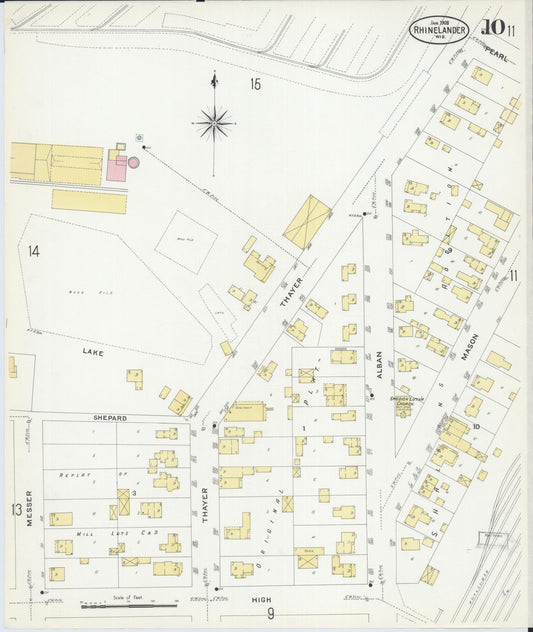 Sanborn Fire Insurance Map from Rhinelander, Oneida County, Wisconsin (1908), Sheet #0010 - Historic Sanborn Fire Insurance Map Print, vintage old map wall art, antique decor, genealogy gift, Wisconsin Wisconsin map