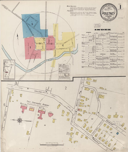 Sanborn Fire Insurance Map from Poultney, Rutland County, Vermont (1922), Sheet #0001 - Complete Map Set gallery image, historic Sanborn map, vintage wall art, Vermont Vermont
