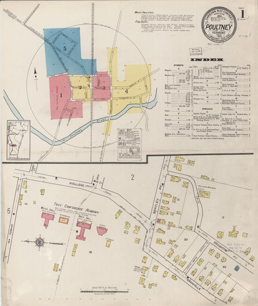Sanborn Fire Insurance Map from Poultney, Rutland County, Vermont (1922), Sheet #0001 - Complete Map Set gallery image, historic Sanborn map, vintage wall art, Vermont Vermont