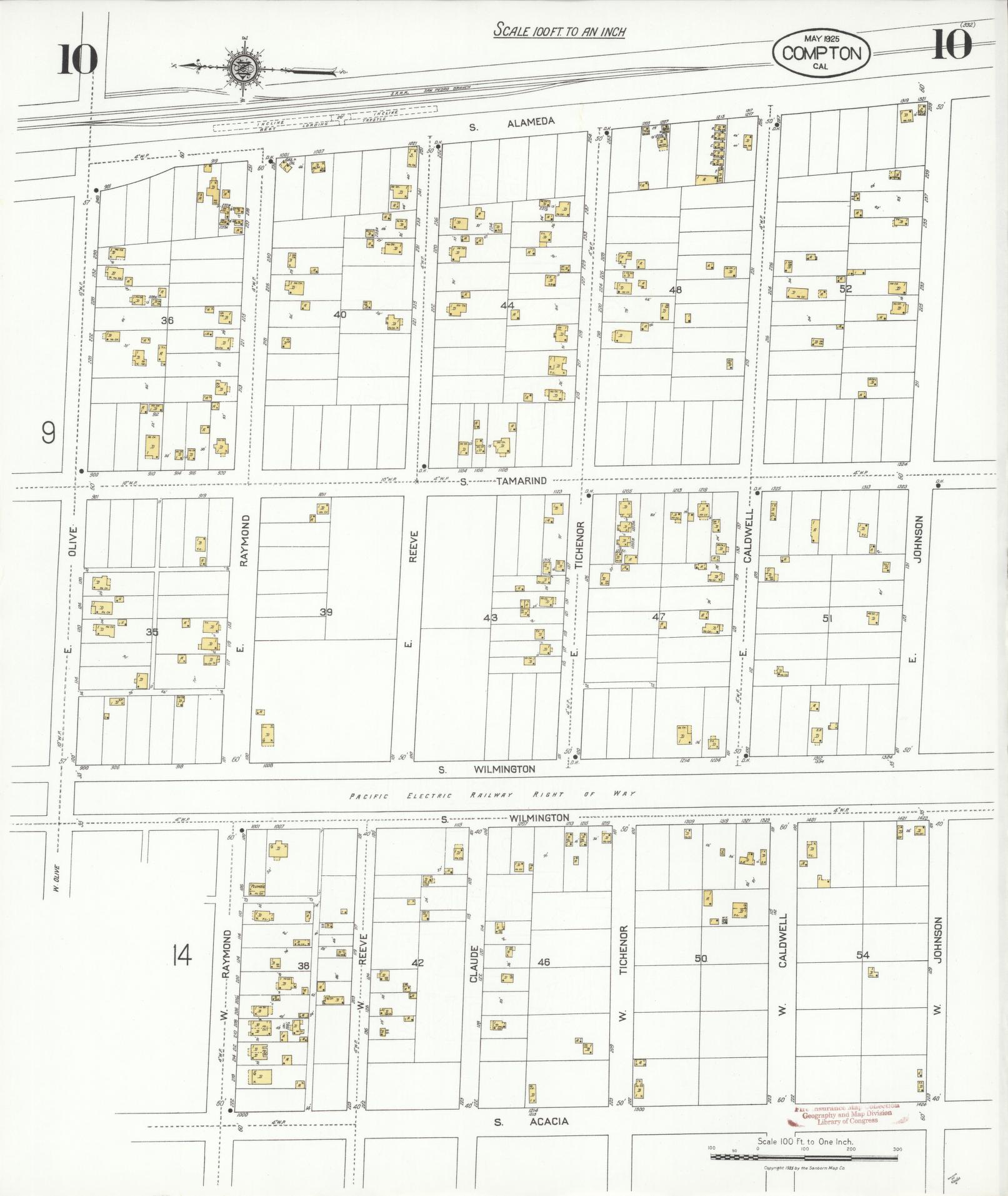 Sanborn Fire Insurance Map from Compton, Los Angeles County, California (1925), Sheet #0010 - Complete Map Set gallery image, historic Sanborn map, vintage wall art, California California