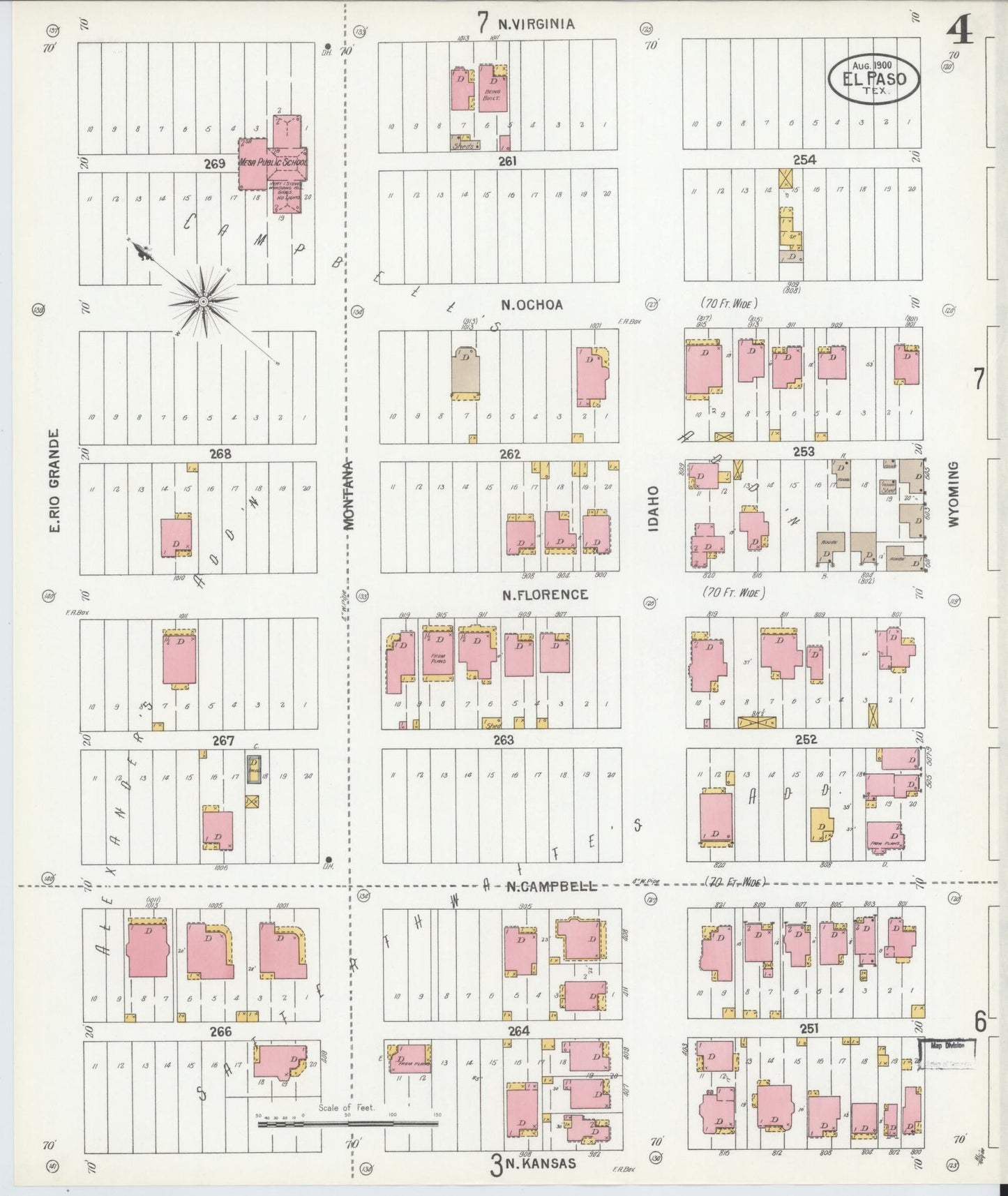 Sanborn Fire Insurance Map from El Paso, El Paso County, Texas (1900), Sheet #0004 - Historic Sanborn Fire Insurance Map Print, vintage old map wall art, antique decor, genealogy gift, Texas Texas map