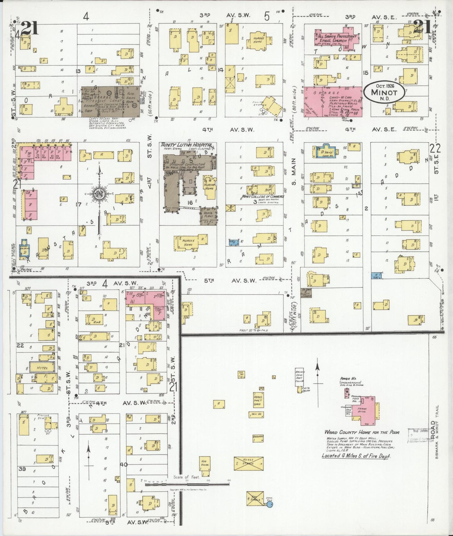 Sanborn Fire Insurance Map from Minot, Ward County, North Dakota (1926), Sheet #0021 - Historic Sanborn Fire Insurance Map Print, vintage old map wall art, antique decor, genealogy gift, North Dakota North Dakota map