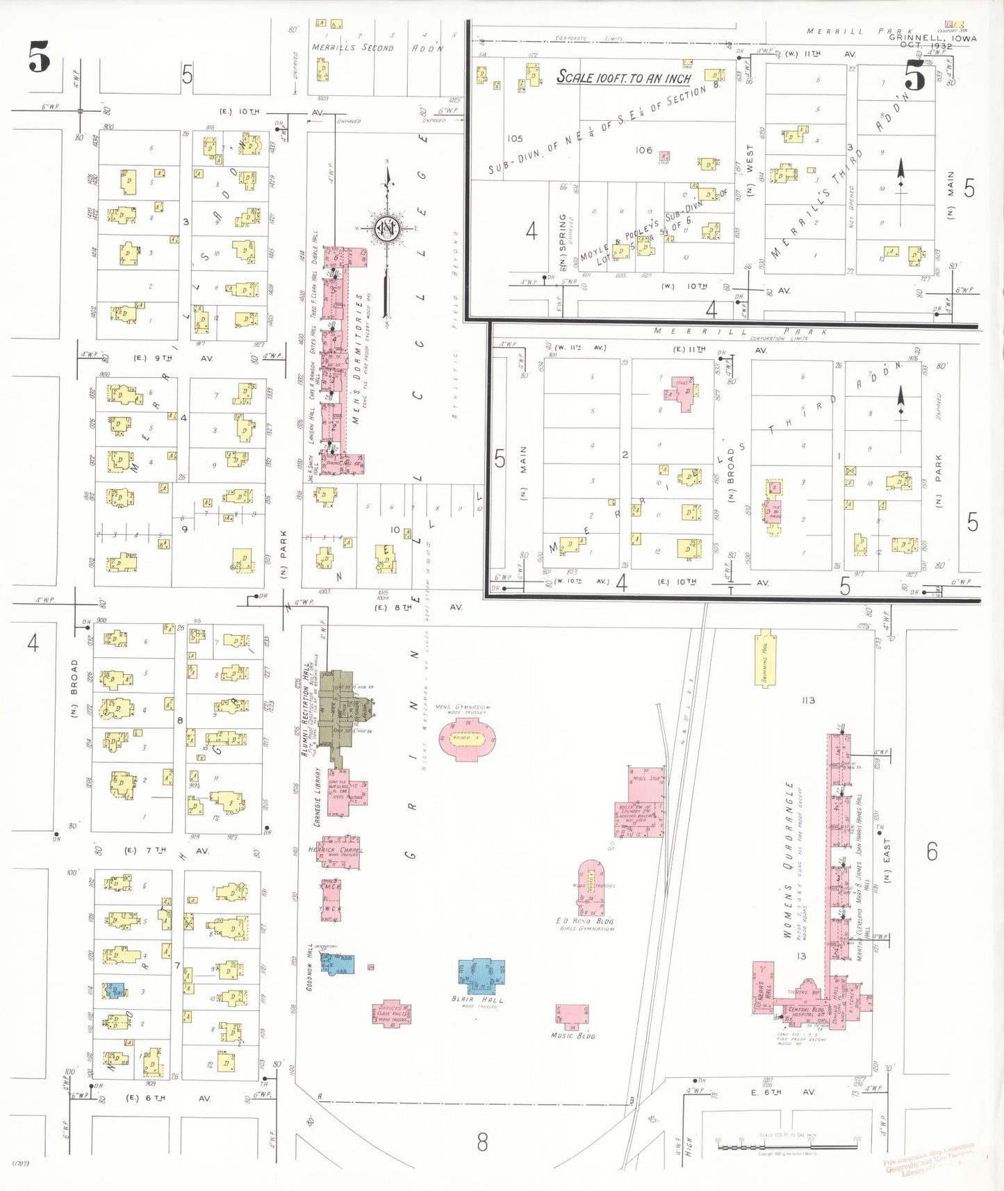 Sanborn Fire Insurance Map from Grinnell, Poweshiek County, Iowa (1932), Sheet #0005 - Historic Sanborn Fire Insurance Map Print, vintage old map wall art