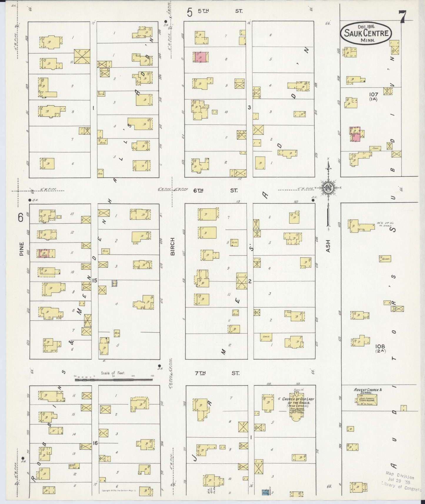 Sanborn Fire Insurance Map from Sauk Centre, Stearns County, Minnesota (1916), Sheet #0007 - Complete Map Set gallery image, historic Sanborn map, vintage wall art, Minnesota Minnesota