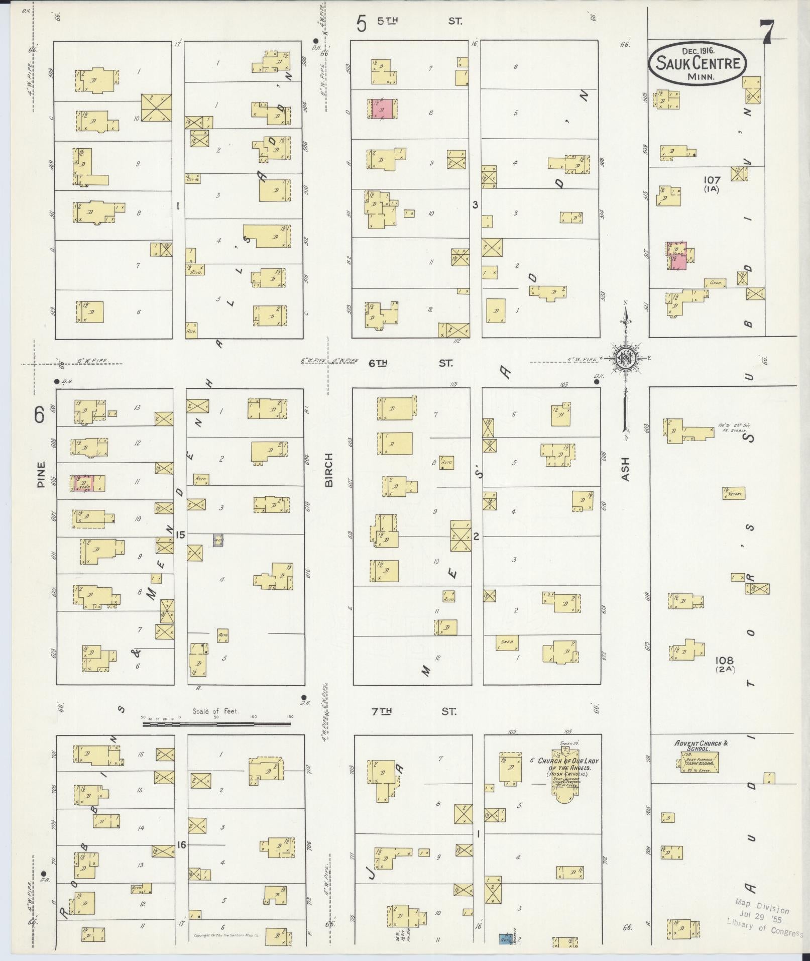 Sanborn Fire Insurance Map from Sauk Centre, Stearns County, Minnesota (1916), Sheet #0007 - Complete Map Set gallery image, historic Sanborn map, vintage wall art, Minnesota Minnesota