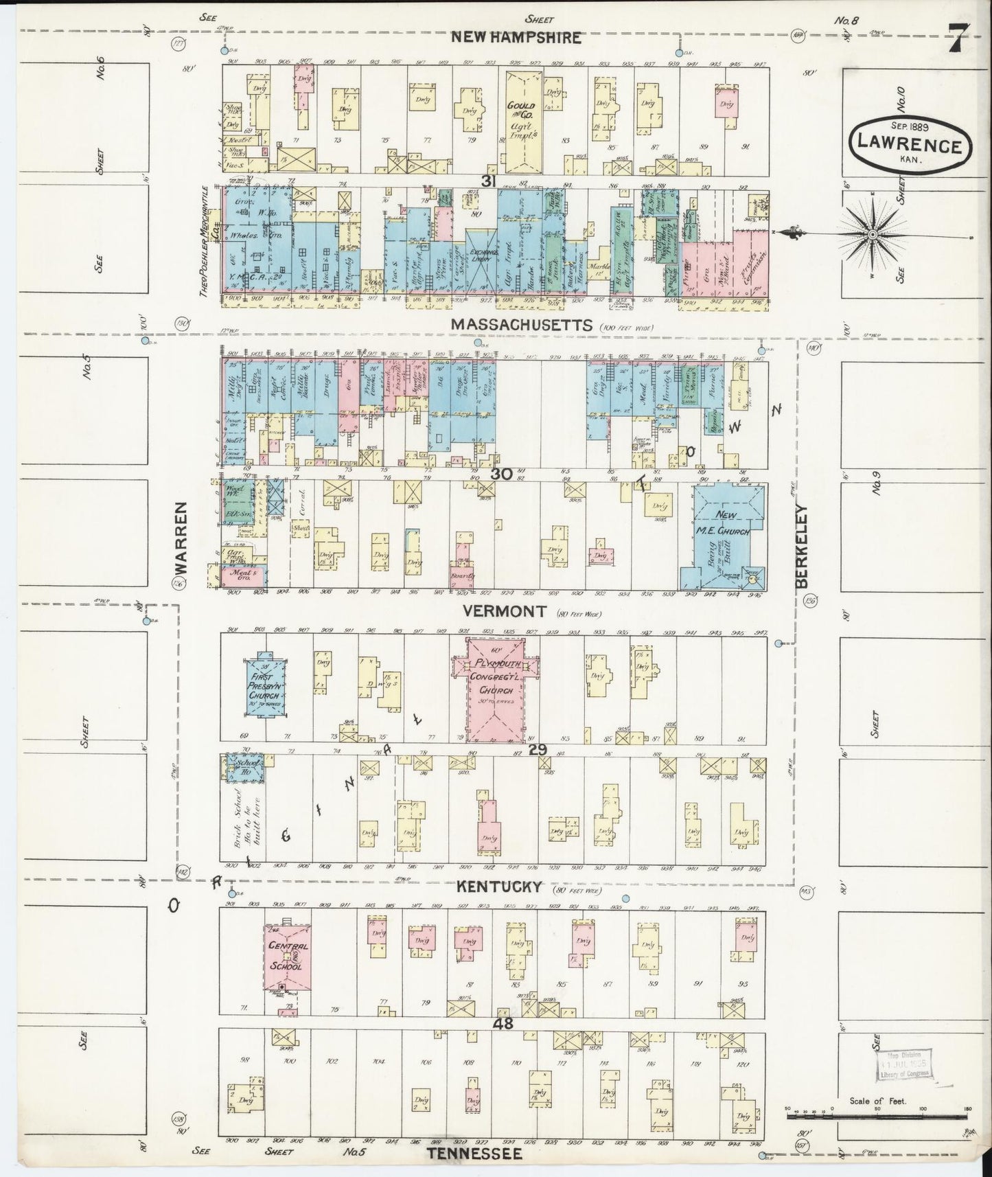 Sanborn Fire Insurance Map from Lawrence, Douglas County, Kansas (1889), Sheet #0007 - Complete Map Set gallery image, historic Sanborn map, vintage wall art, Kansas Kansas