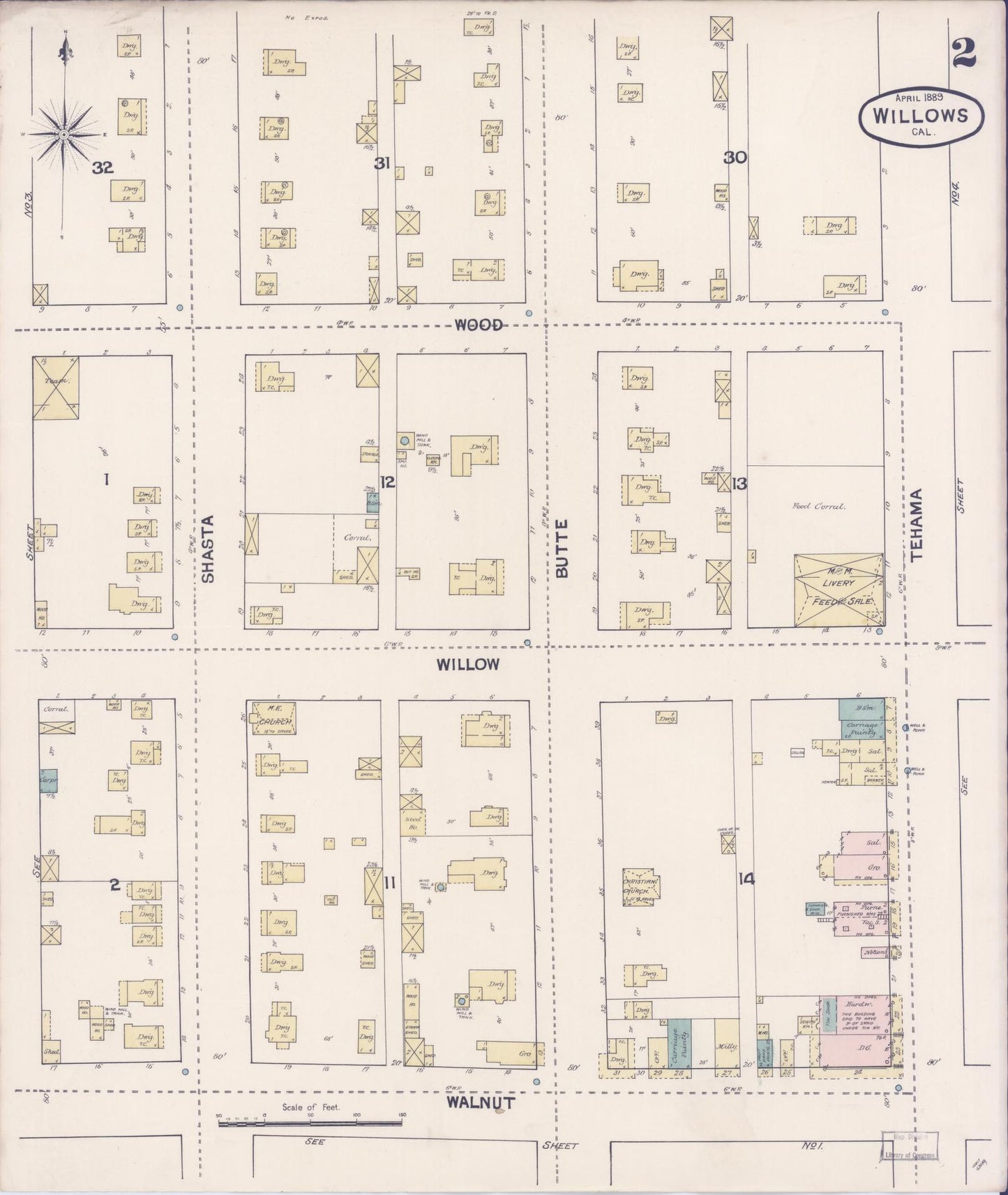 Sanborn Fire Insurance Map from Willows, Glenn County, California (1889), Sheet #0002 - Complete Map Set gallery image, historic Sanborn map, vintage wall art, California California