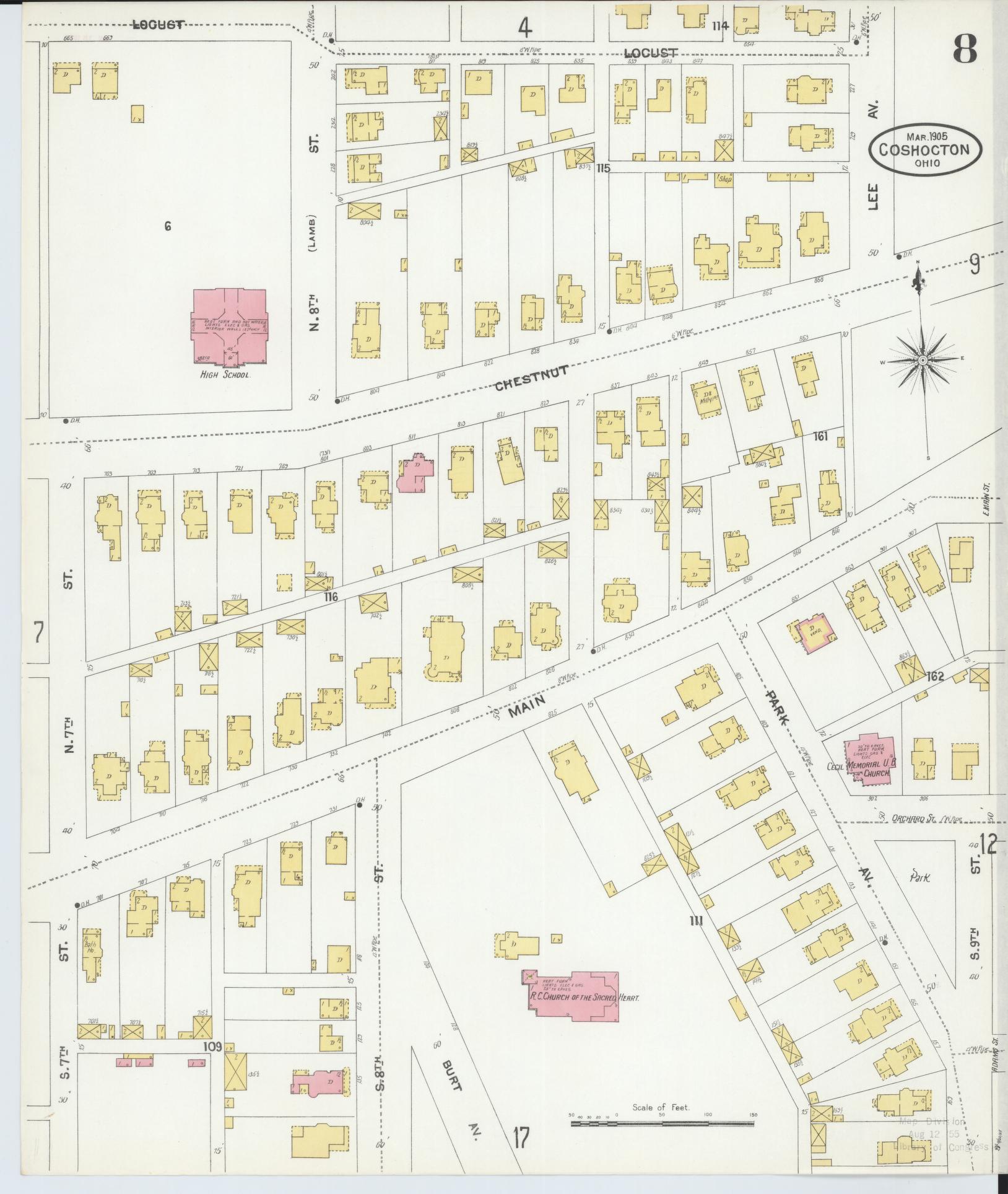 Sanborn Fire Insurance Map from Coshocton, Coshocton County, Ohio (1905), Sheet #0008 - Historic Sanborn Fire Insurance Map Print, vintage old map wall art, antique decor, genealogy gift, Ohio Ohio map