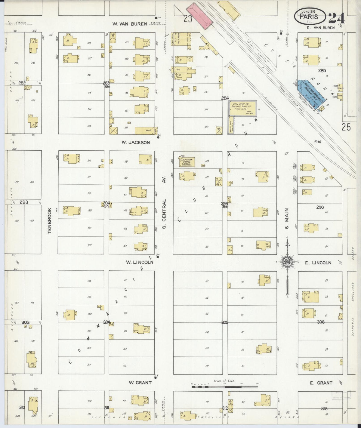 Sanborn Fire Insurance Map from Paris, Edgar County, Illinois (1916), Sheet #0024 - Historic Sanborn Fire Insurance Map Print, vintage old map wall art, antique decor, genealogy gift, Illinois Illinois map