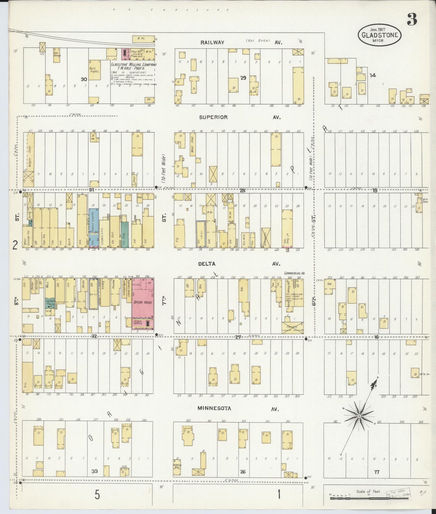 Sanborn Fire Insurance Map from Gladstone, Delta County, Michigan (1907), Sheet #0003 - Complete Map Set gallery image, historic Sanborn map, vintage wall art, Michigan Michigan