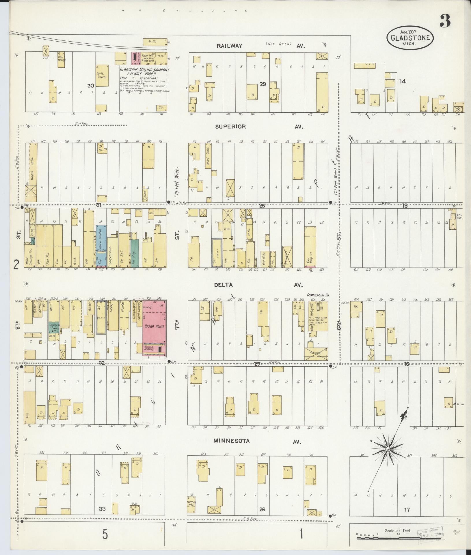 Sanborn Fire Insurance Map from Gladstone, Delta County, Michigan (1907), Sheet #0003 - Complete Map Set gallery image, historic Sanborn map, vintage wall art, Michigan Michigan