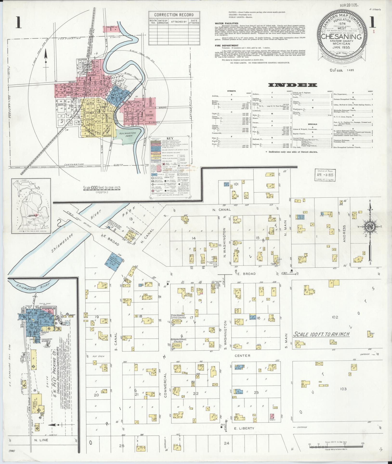 Sanborn Fire Insurance Map from Chesaning, Saginaw County, Michigan (1935), Sheet #0001 - Complete Map Set gallery image, historic Sanborn map, vintage wall art, Michigan Michigan