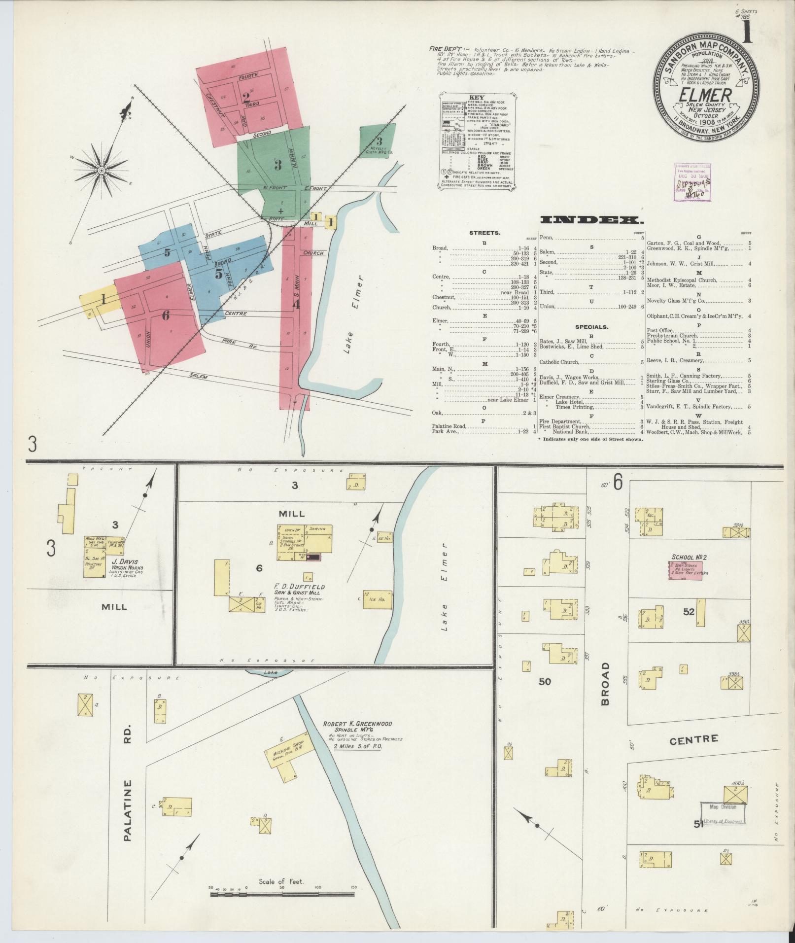 Sanborn Fire Insurance Map from Elmer, Salem County, New Jersey (1908), Sheet #0001 - Historic Sanborn Fire Insurance Map Print, vintage old map wall art, antique decor, genealogy gift, New Jersey New Jersey map