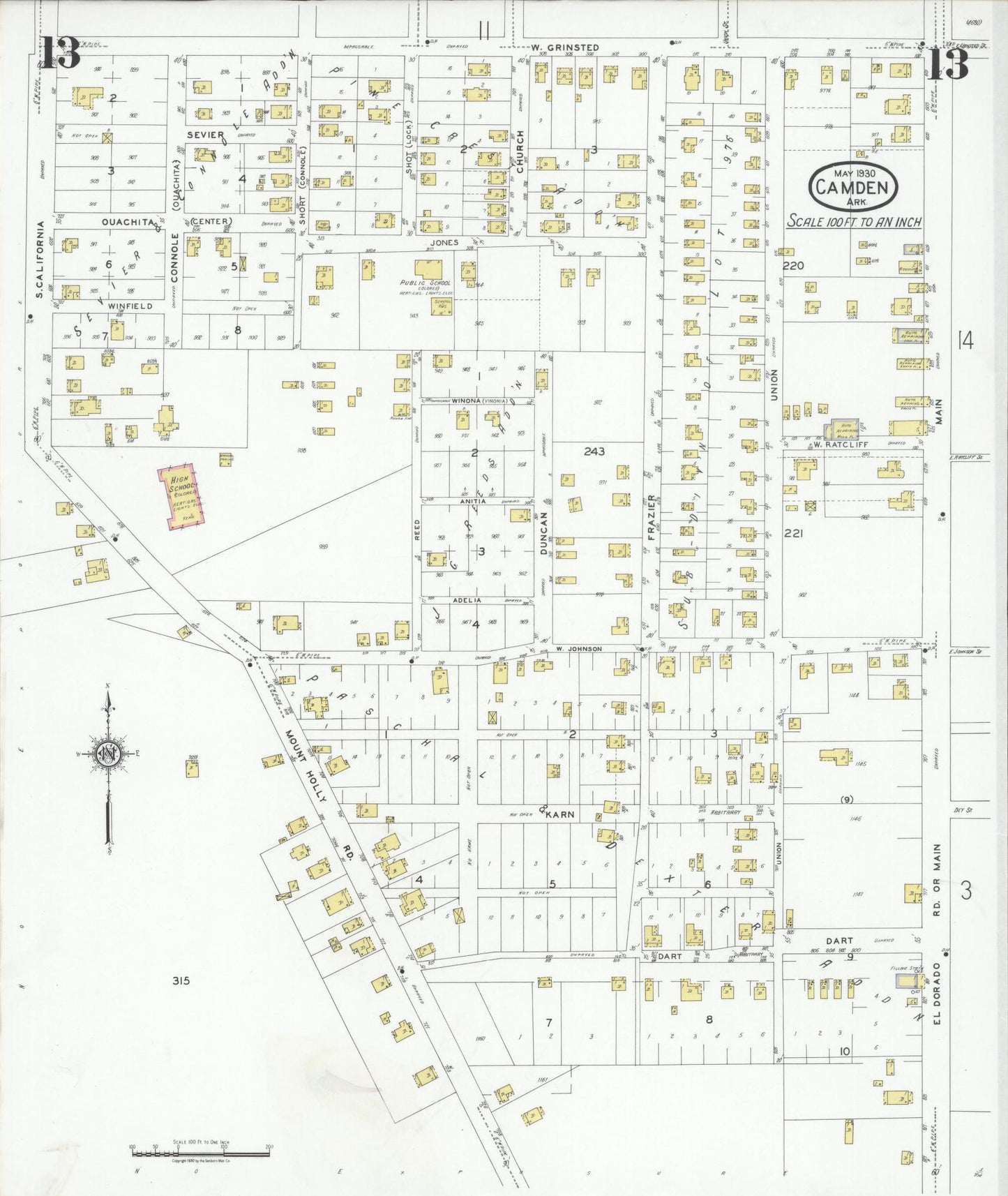 Sanborn Fire Insurance Map from Camden, Ouachita County, Arkansas (1930), Sheet #0013 - Complete Map Set gallery image, historic Sanborn map, vintage wall art, Arkansas Arkansas