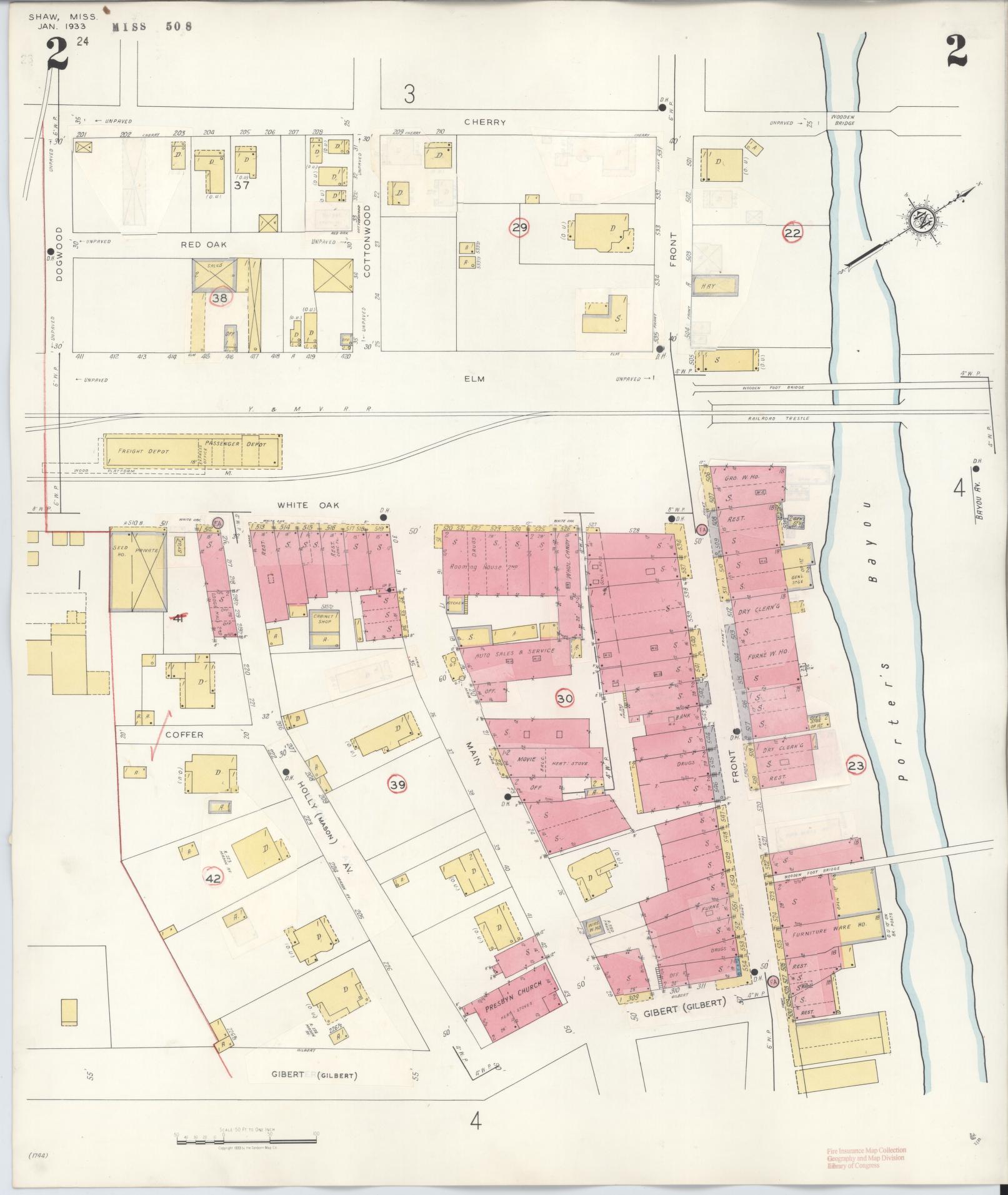 Sanborn Fire Insurance Map from Shaw, Bolivar County, Mississippi (1945), Sheet #0002 - Complete Map Set gallery image, historic Sanborn map, vintage wall art, Mississippi Mississippi