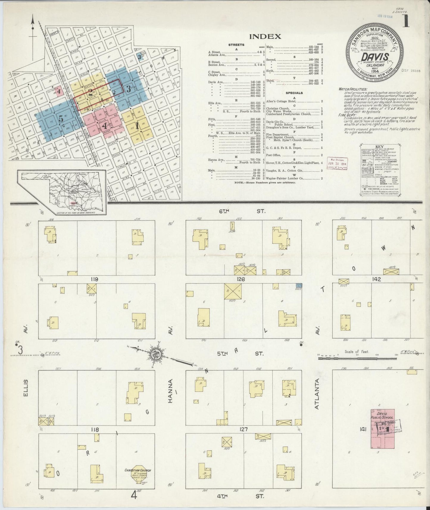 Sanborn Fire Insurance Map from Davis, Murray County, Oklahoma (1914), Sheet #0001 - Historic Sanborn Fire Insurance Map Print, vintage old map wall art, antique decor, genealogy gift, Oklahoma Oklahoma map