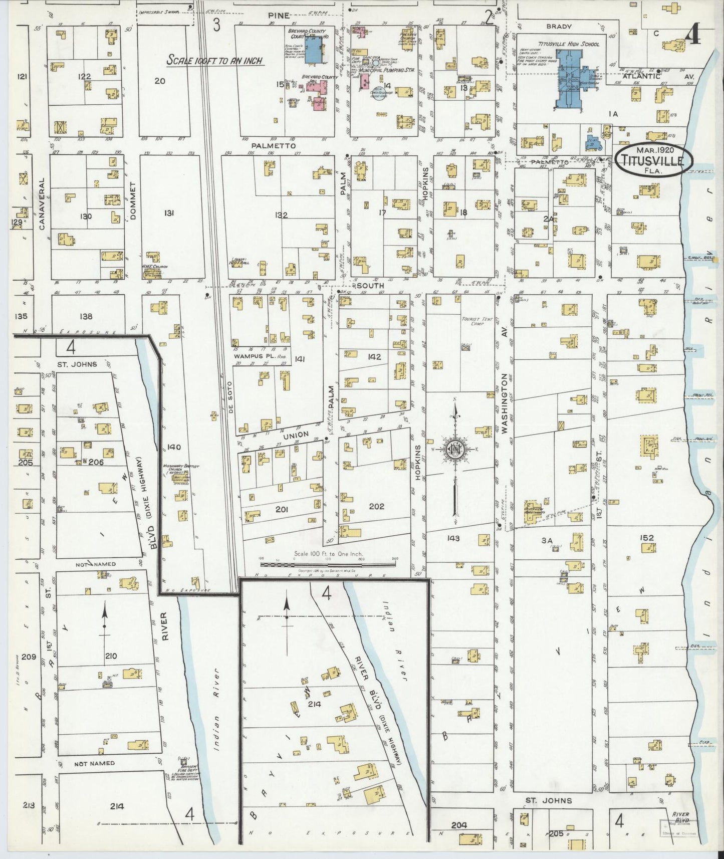 Sanborn Fire Insurance Map from Titusville, Brevard County, Florida (1920), Sheet #0004 - Complete Map Set gallery image, historic Sanborn map, vintage wall art, Florida Florida