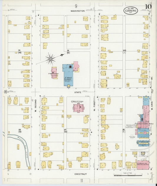 Sanborn Fire Insurance Map from Corning, Steuben County, New York (1908), Sheet #0010 - Historic Sanborn Fire Insurance Map Print, vintage old map wall art, antique decor, genealogy gift, New York New York map