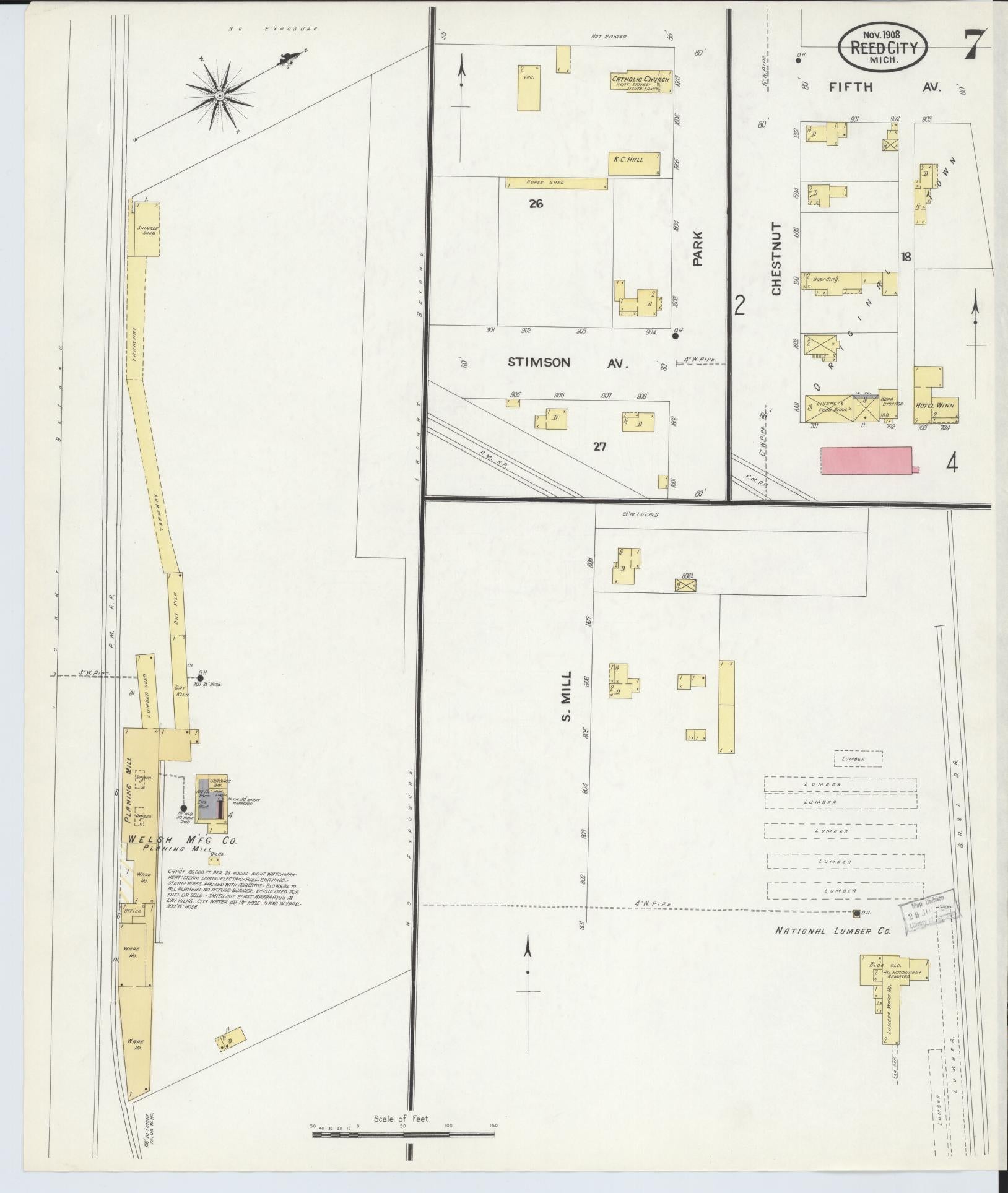 Sanborn Fire Insurance Map from Reed City, Osceola County, Michigan (1908), Sheet #0007 - Historic Sanborn Fire Insurance Map Print, vintage old map wall art, antique decor, genealogy gift, Michigan Michigan map