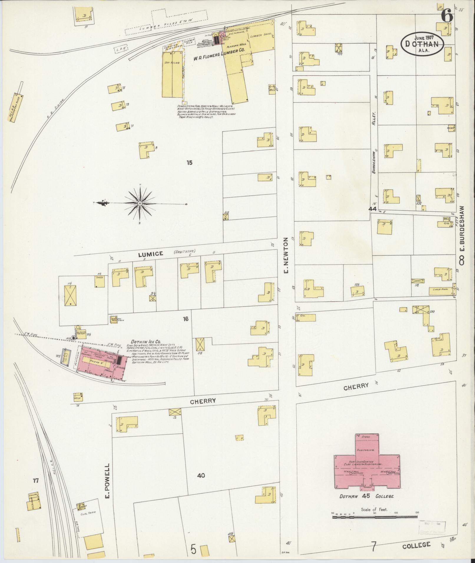 Sanborn Fire Insurance Map from Dothan, Houston County, Alabama (1907), Sheet #0006 - Historic Sanborn Fire Insurance Map Print, vintage old map wall art, antique decor, genealogy gift, Alabama Alabama map