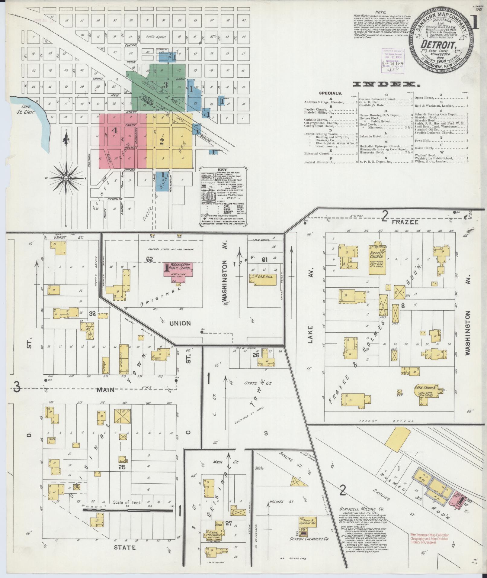 Sanborn Fire Insurance Map from Detroit Lakes, Becker County, Minnesota (1904), Sheet #0001 - Historic Sanborn Fire Insurance Map Print, vintage old map wall art, antique decor, genealogy gift, Minnesota Minnesota map