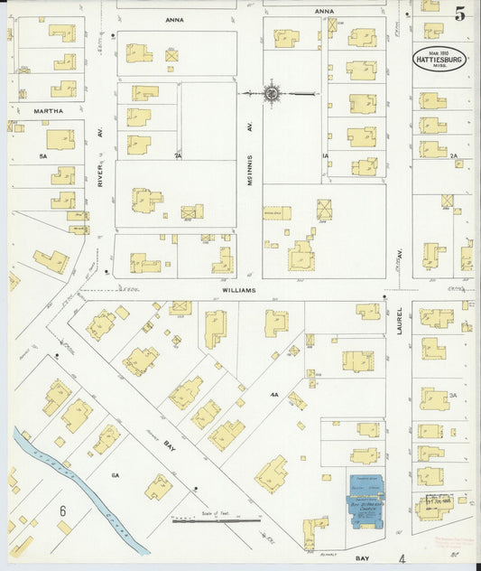 Sanborn Fire Insurance Map from Hattiesburg, Forrest County, Mississippi (1910), Sheet #0005 - Historic Sanborn Fire Insurance Map Print, vintage old map wall art, antique decor, genealogy gift, Mississippi Mississippi map