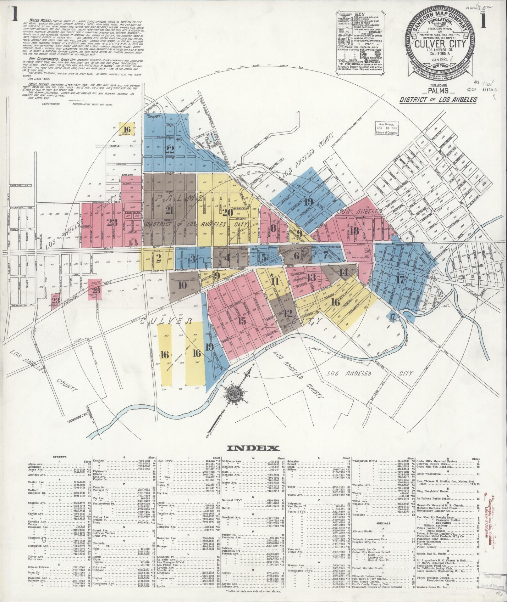 Sanborn Fire Insurance Map from Culver City, Los Angeles County, California (1924), Sheet #0001 - Complete Map Set gallery image, historic Sanborn map, vintage wall art, California California