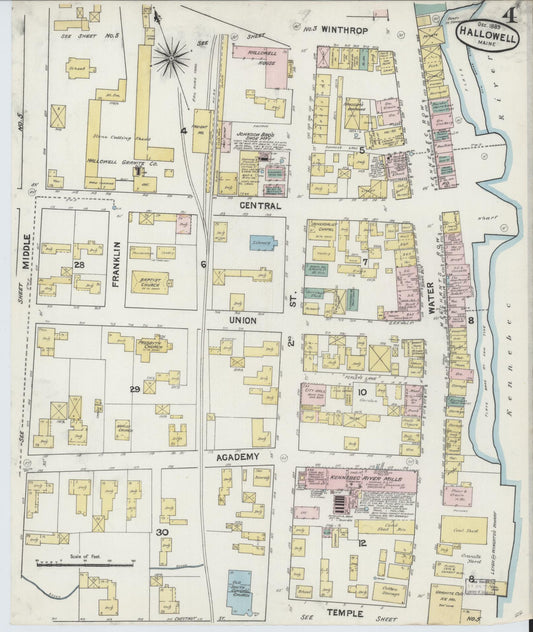 Sanborn Fire Insurance Map from Hallowell, Kennebec County, Maine (1889), Sheet #0004 - Historic Sanborn Fire Insurance Map Print, vintage old map wall art, antique decor, genealogy gift, Maine Maine map
