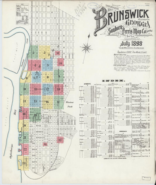 Sanborn Fire Insurance Map from Brunswick, Glynn County, Georgia (1898), Sheet #0001 - Historic Sanborn Fire Insurance Map Print, vintage old map wall art, antique decor, genealogy gift, Georgia Georgia map