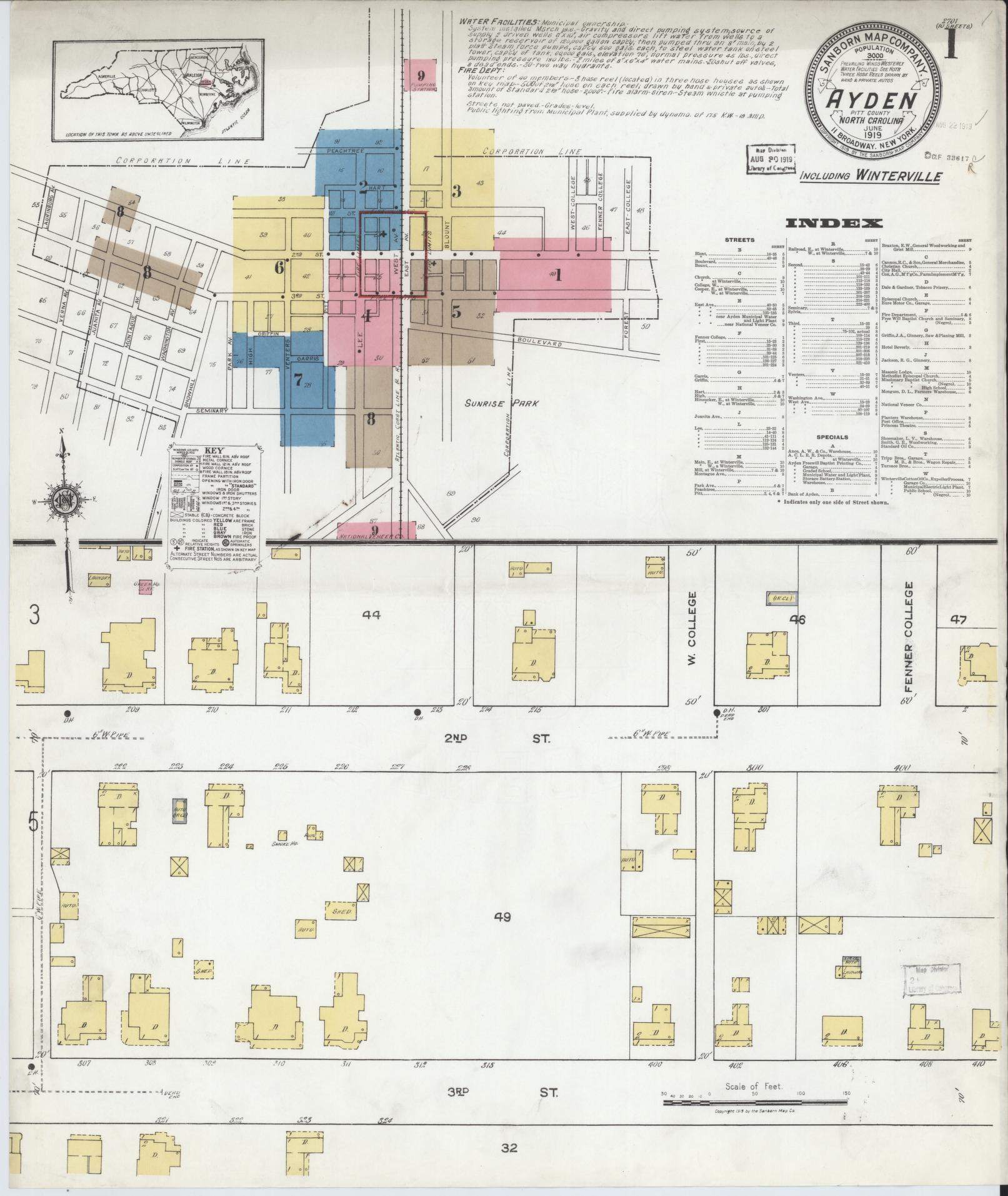 Sanborn Fire Insurance Map from Ayden, Pitt County, North Carolina (1919), Sheet #0001 - Historic Sanborn Fire Insurance Map Print, vintage old map wall art, antique decor, genealogy gift, North Carolina North Carolina map