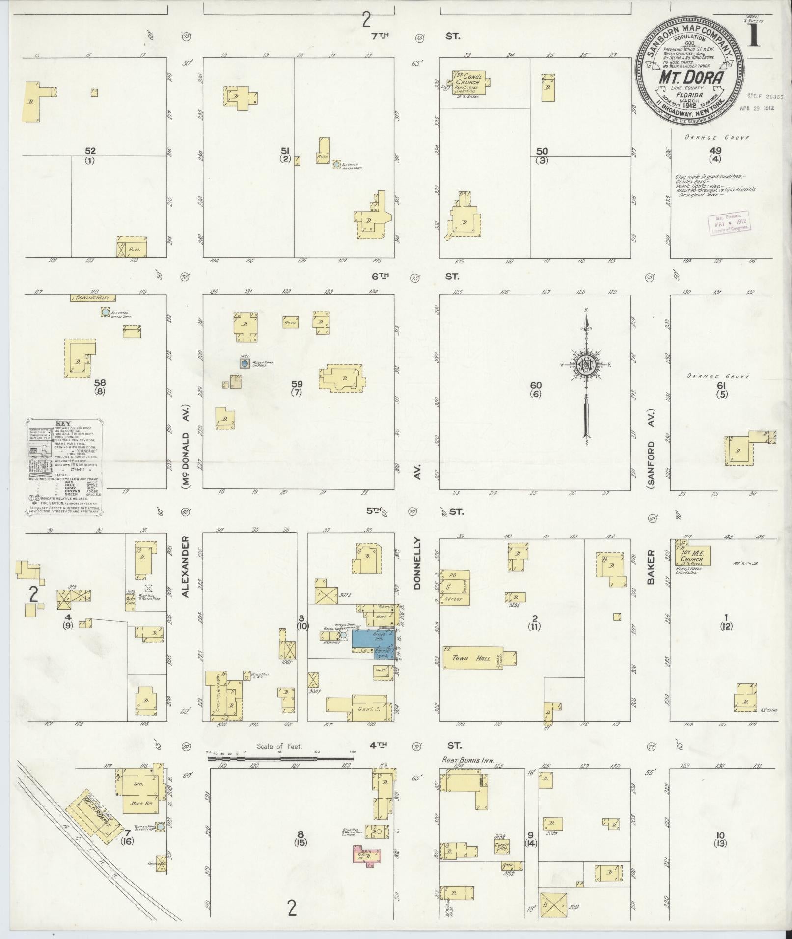 Sanborn Fire Insurance Map from Mount Dora, Lake County, Florida (1912), Sheet #0001 - Historic Sanborn Fire Insurance Map Print, vintage old map wall art, antique decor, genealogy gift, Florida Florida map