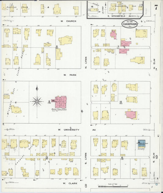 Sanborn Fire Insurance Map from Champaign, Champaign County, Illinois (1909), Sheet #0007 - Historic Sanborn Fire Insurance Map Print, vintage old map wall art, antique decor, genealogy gift, Illinois Illinois map