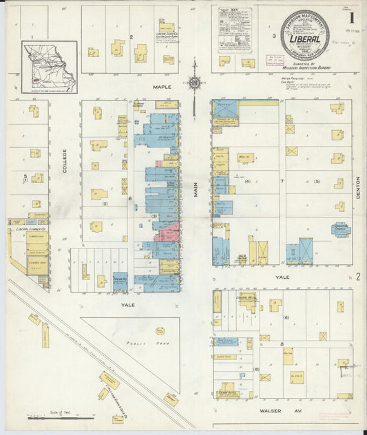 Sanborn Fire Insurance Map from Liberal, Barton County, Missouri (1916), Sheet #0001 - Complete Map Set gallery image, historic Sanborn map, vintage wall art, Missouri Missouri
