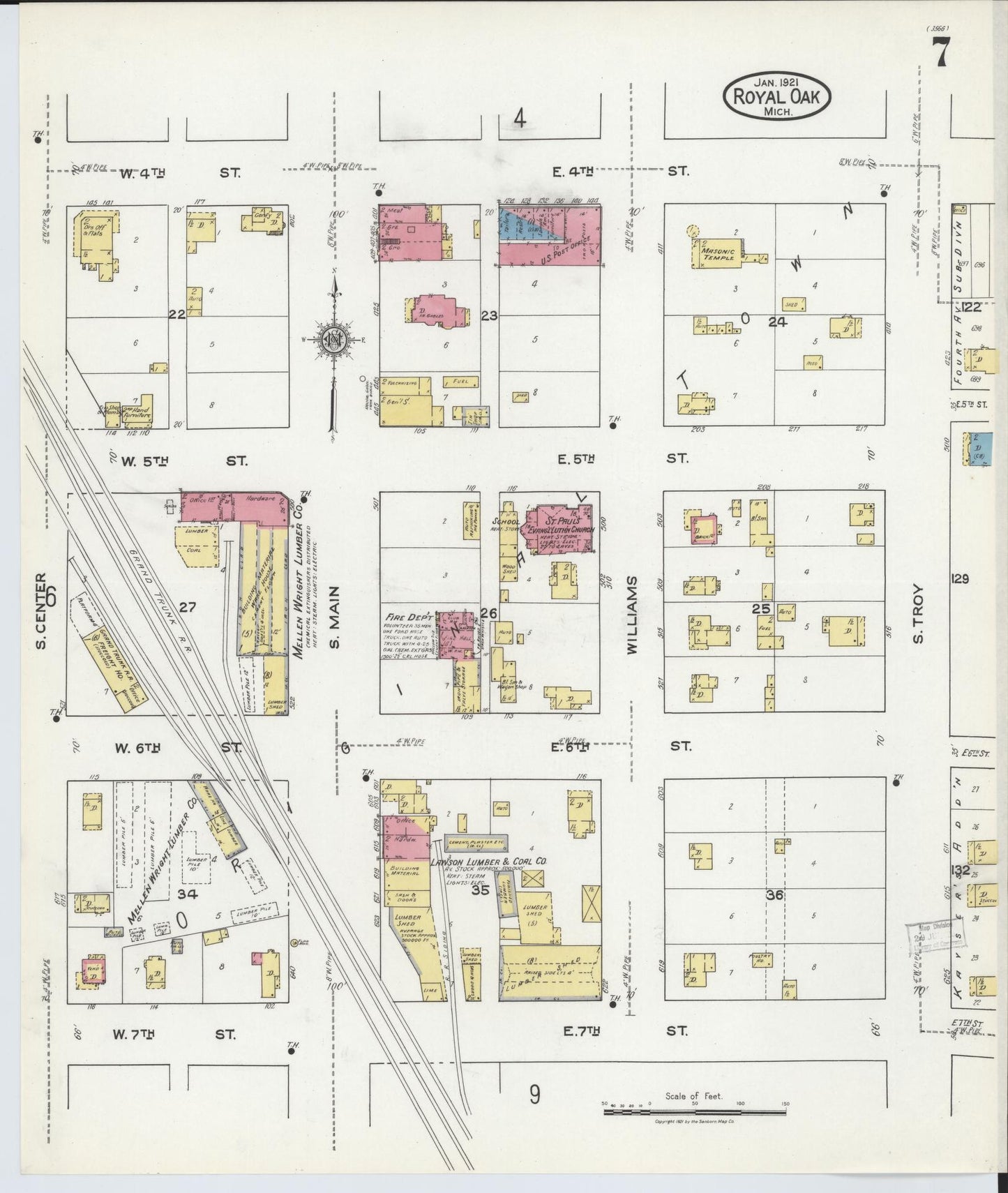 Sanborn Fire Insurance Map from Royal Oak, Oakland County, Michigan (1921), Sheet #0007 - Complete Map Set gallery image, historic Sanborn map, vintage wall art, Michigan Michigan