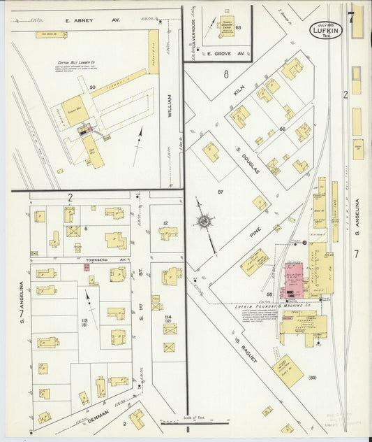 Sanborn Fire Insurance Map from Lufkin, Angelina County, Texas (1915), Sheet #0007 - Historic Sanborn Fire Insurance Map Print, vintage old map wall art, antique decor, genealogy gift, Texas Texas map
