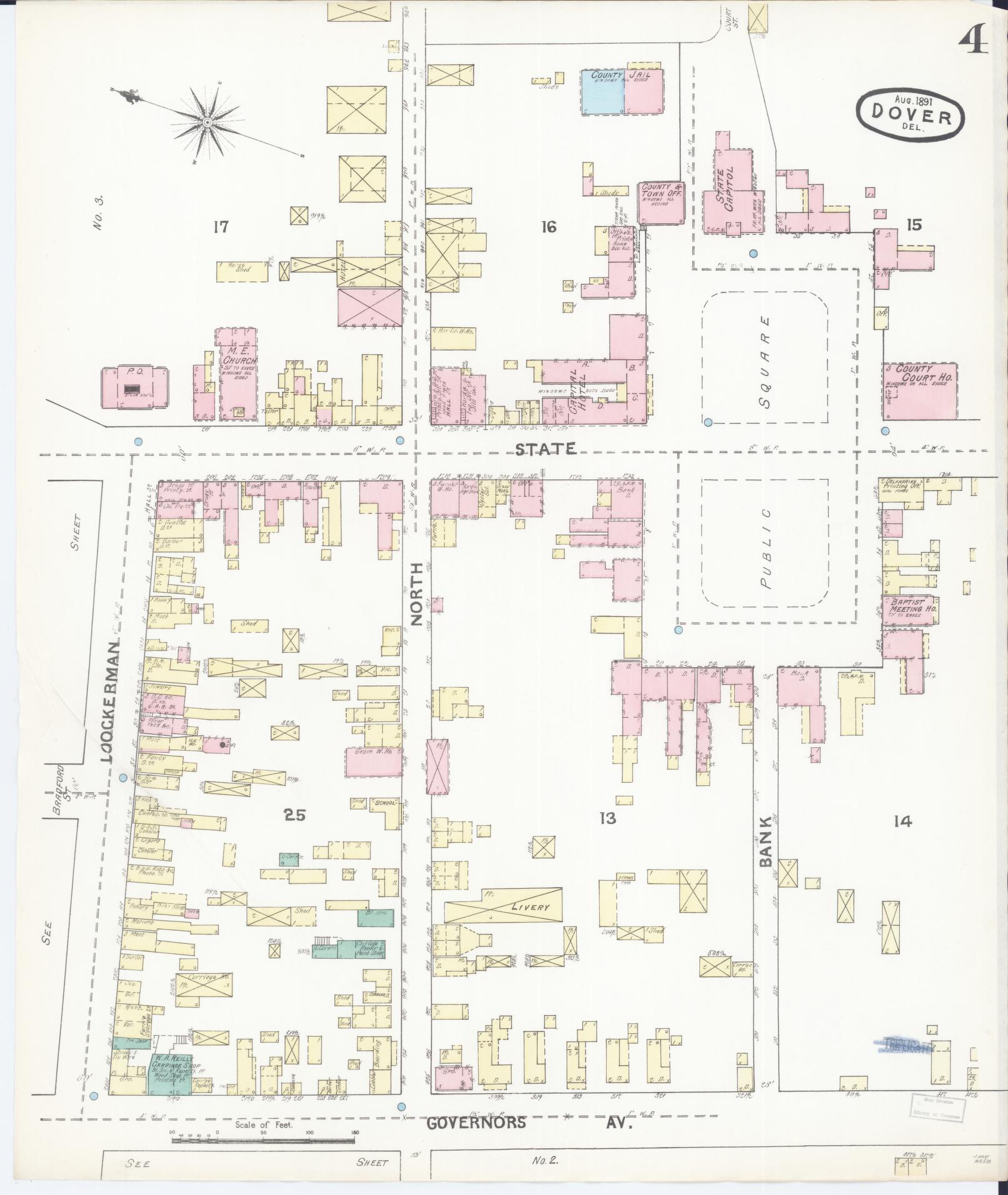 Sanborn Fire Insurance Map from Dover, Kent County, Delaware (1891), Sheet #0004 - Historic Sanborn Fire Insurance Map Print, vintage old map wall art, antique decor, genealogy gift, Delaware Delaware map