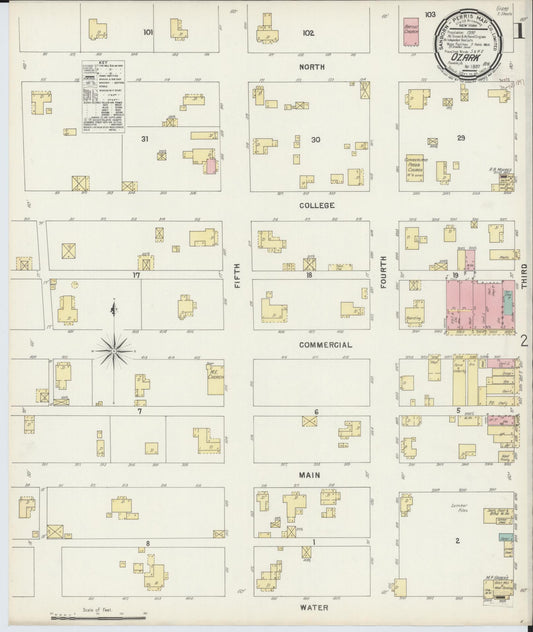 Sanborn Fire Insurance Map from Ozark, Franklin County, Arkansas (1897), Sheet #0001 - Historic Sanborn Fire Insurance Map Print, vintage old map wall art, antique decor, genealogy gift, Arkansas Arkansas map