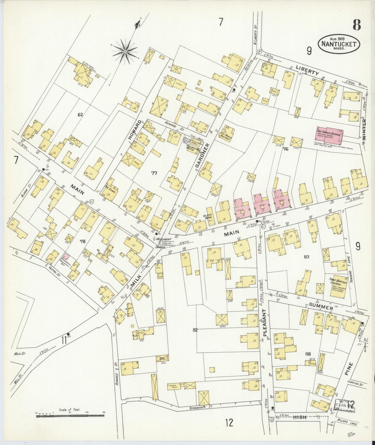 Sanborn Fire Insurance Map from Nantucket, Nantucket County, Massachusetts (1909), Sheet #0008 - Complete Map Set gallery image, historic Sanborn map, vintage wall art, Massachusetts Massachusetts