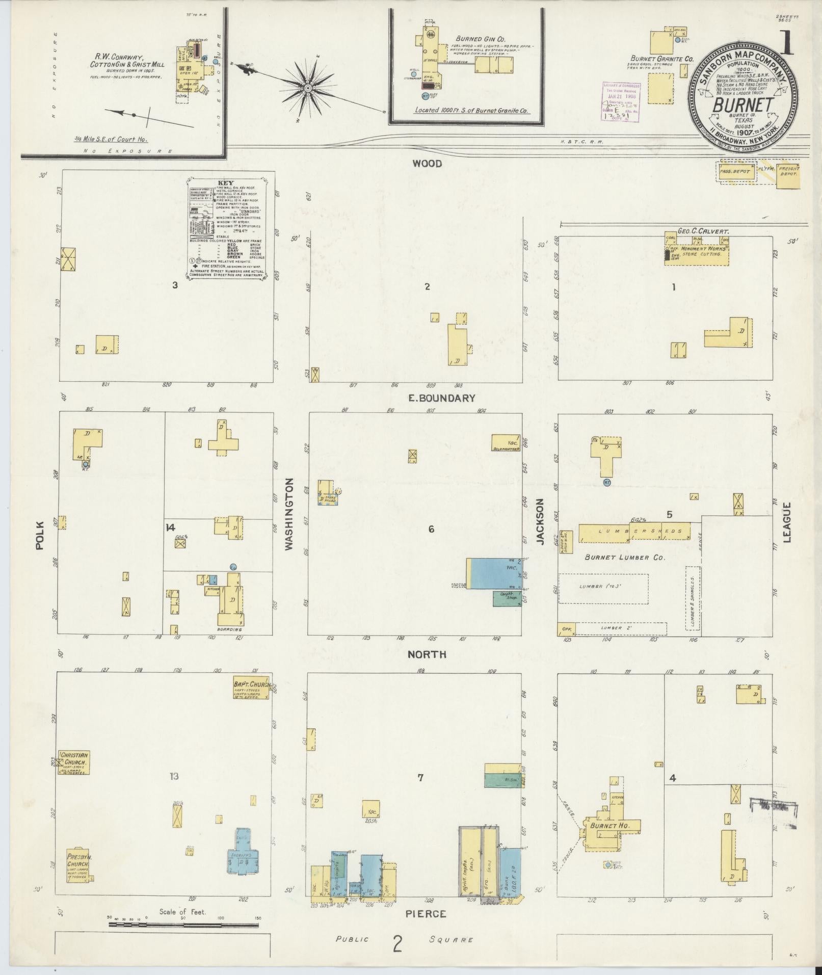 Sanborn Fire Insurance Map from Burnet, Burnet County, Texas (1907), Sheet #0001 - Historic Sanborn Fire Insurance Map Print, vintage old map wall art, antique decor, genealogy gift, Texas Texas map