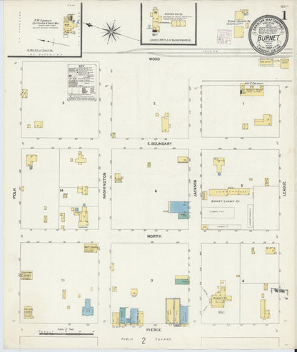 Sanborn Fire Insurance Map from Burnet, Burnet County, Texas (1907), Sheet #0001 - Historic Sanborn Fire Insurance Map Print, vintage old map wall art, antique decor, genealogy gift, Texas Texas map